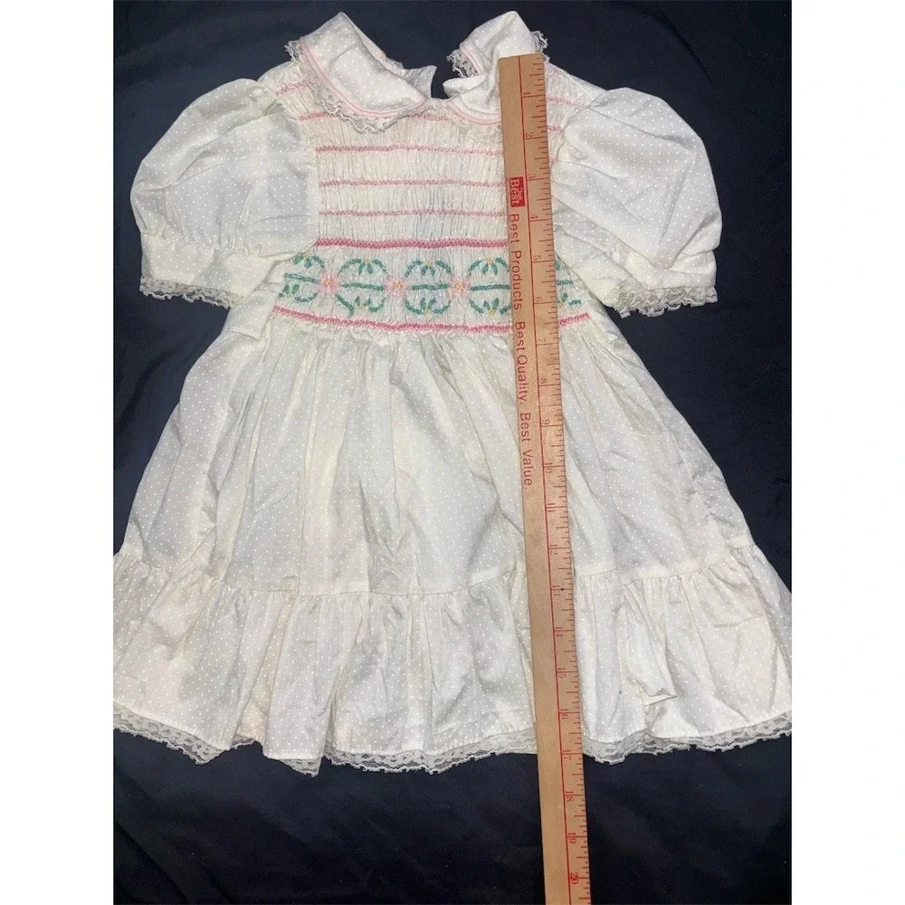 Polly Flinders Girls Dress 2T White Smocked Swiss Dot Pink vintage christening